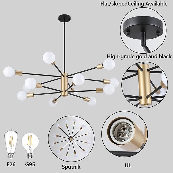 AMZASA SPUTNIK CHANDELIERS CEILING LIGHT FIXTURE, 12 LIGHTS MODERN FARMHOUSE CHANDELIER BLACK AND GOLD MID CENTURY PENDANT LIGHT FOR DINING ROOM, LIVING ROOM, KITCHEN ISLAND ENTRYWAY FOYER, UL LISTED