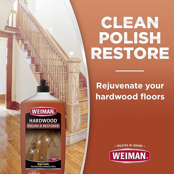 WEIMAN WOOD FLOOR POLISH AND RESTORER – 32 OUNCE – HIGH-TRAFFIC HARDWOOD FLOOR, NATURAL SHINE, REMOVES SCRATCHES, LEAVES PROTECTIVE LAYER, PACKAGING MAY VARY