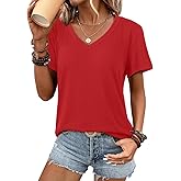 ATHMILE Womens V Neck Short Sleeve Summer T Shirts Curved Hem Plain Top Beach