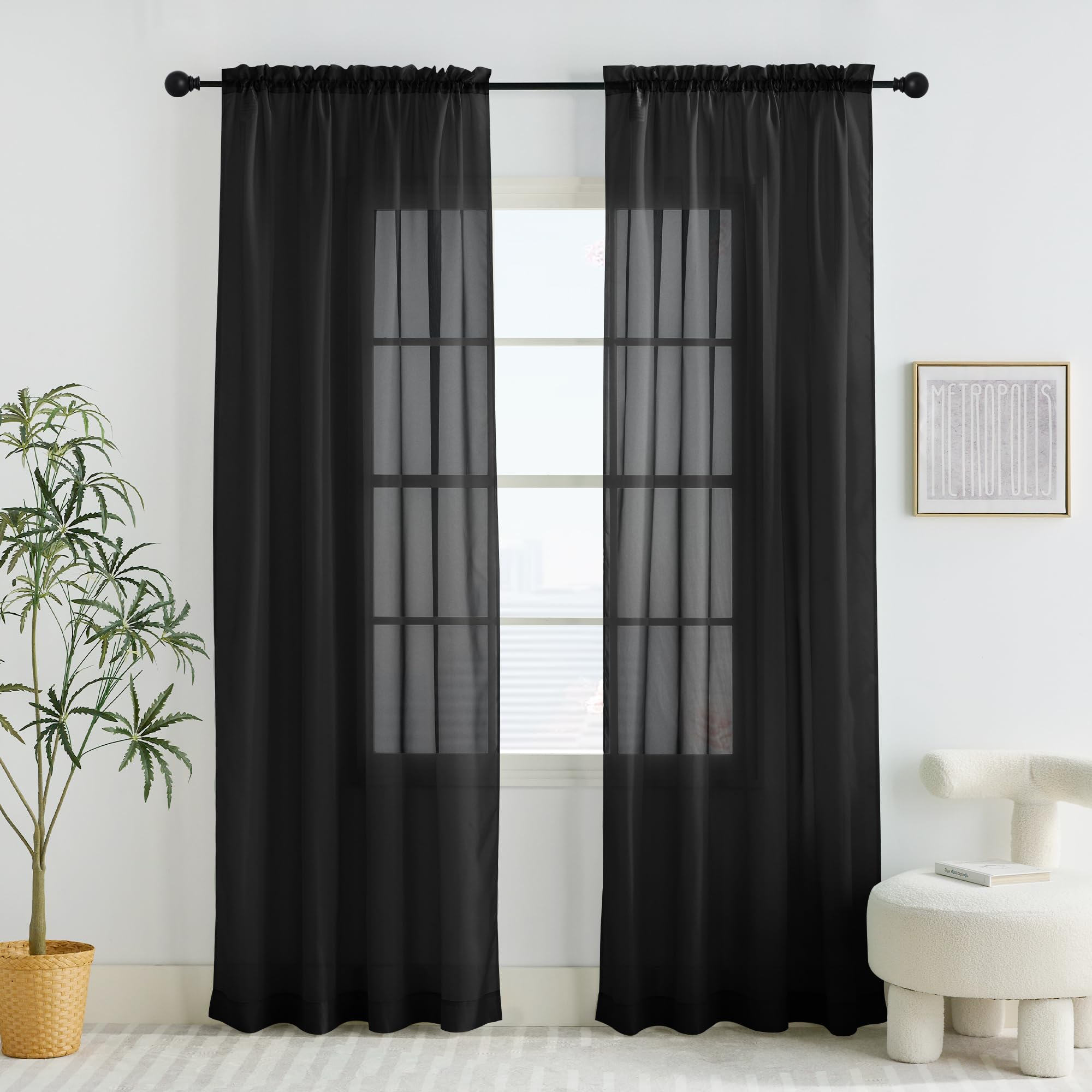 PONY DANCE Black Voile Curtains for Living Room - 60x72 Inches Net Curtains for Windows Privacy Screen Sheer Woven Voile Dual Slot Top, Semi Transparent Sheer Panels, Set of 2 — image 1
