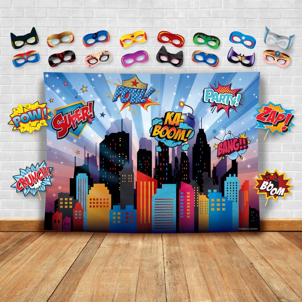 Wonder Woman and Other Superheroes Cityscape Photography Backdrop, Studio Props & Mask. Great as Super Hero City Photo Booth Background - Girl Birthday Party & Event Decorations
