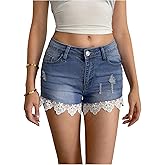 Milumia Women's Y2k Denim Shorts Ripped Lace Trim Low Rise Skinny Jean Short with Pocket