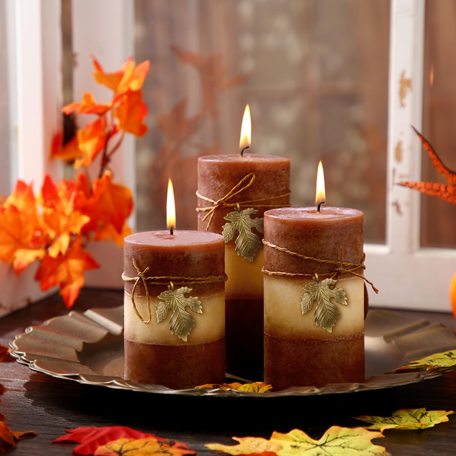 Photo 1 of 3 Pcs Fall Pillar Candles Decorative Autumn Brown Pillar Layered Candles with Ornaments Clean Burning Long Lasting for Bedroom Home Decor, 3 Sizes