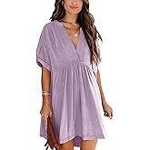 Minclouse Women's Babydoll Short Sleeve Tunic Dress V Neck Cute Casual Loose Dresses
