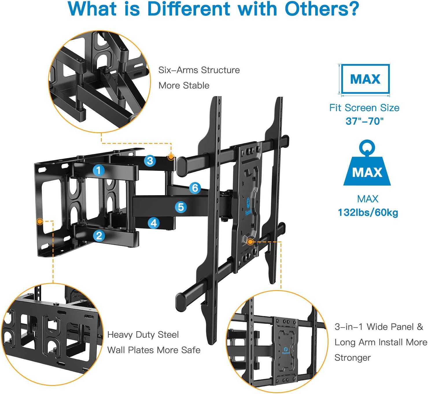 Full Motion TV Wall Mount Bracket Dual Articulating Arms Swivels Tilts Rotation for Most 37-70 Inch LED, LCD, OLED Flat Curved TVs, Holds up to 132lbs, Max VESA 600x400mm by Pipishell: Home Audio & Theater