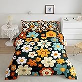 Vintage Floral Comforter Set Queen Size,Colorful Flowers 80s Retro Hippie Bedding Set for Women Adult,Groovy Abstract Geometric Luxury Bed Duvet Insert, 2 Pillowcases
