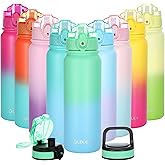 Oldley Insulated Water Bottle with Straw 20oz Stainless Steel Water Bottles with 3 lids Double-Wall Vacuum Thermal for Kids Adults School Sports,Light-Green-Blue