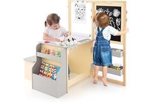 HONEY JOY Kids Art Easel, 6-in-1 Wooden Double-Sided Toddler Table & Chair Set w/Adjustable Magnetic White Board & Chalkboard