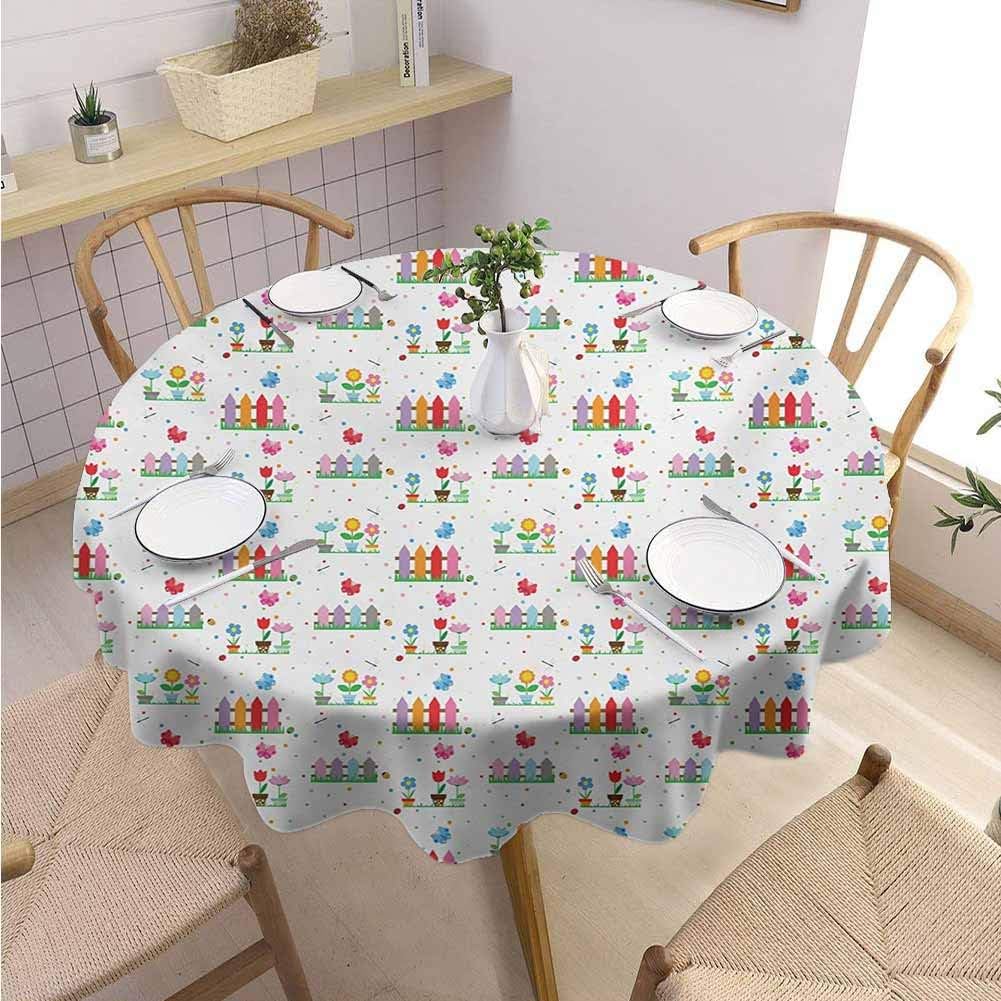 DILITECK Floral Wedding Round Tablecloth Bedding Plants Garden Fences Cottage Yard Flowers in Pots Childish Beetles Pattern Outdoor Picnic Diameter 36" Multicolor