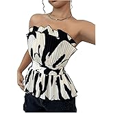 SweatyRocks Women's Ruffle Sleeveless Blouse Color Block Tube Tops Strapless Pleated Tops