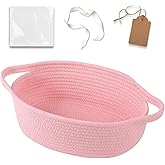 OIAHOMY Small Woven Basket with Gift Bags, Ribbons & DIY Label Card, Baskets for Gifts Empty, Small Rope Basket 12 * 8 * 5IN, Cute Decorative baskets with Handles for Baby Pets, Toys, Pink