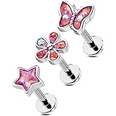 OUFER 3PCS Pink Cartilage Earrings Studs, 16G Helix Piercing Jewelry, Cute Star Butterfly Flower Flat Back Internally Threaded Tragus Helix Cartilage Earrings for Womenn-6MM