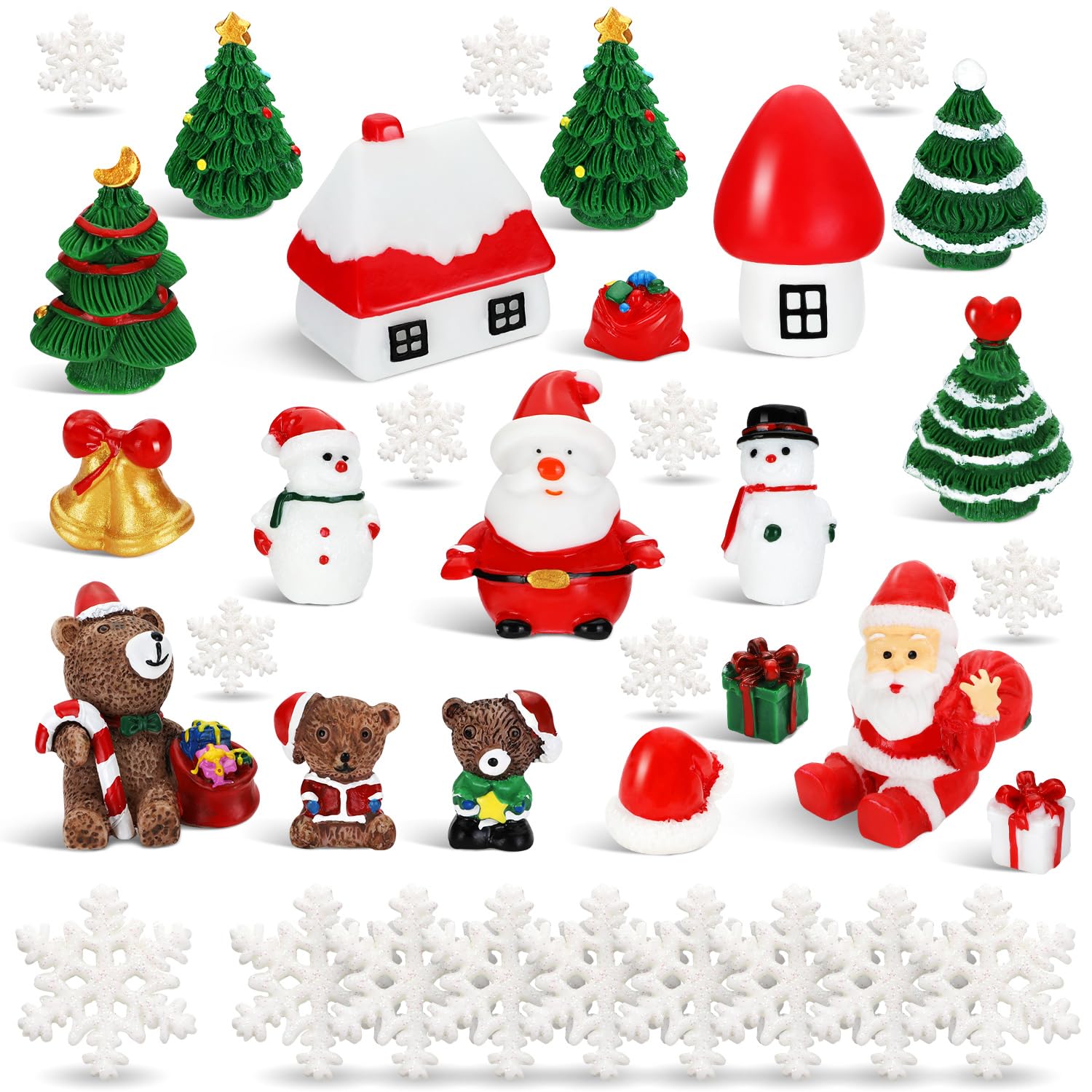 BBTO 45 Pcs Christmas Miniature Figures for Crafts Mini Resin Christmas Ornaments Include Mini Santa Snowman Xmas Tree Snowflake for DIY Garden Dollhouse