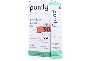 Purrly Interactive Lickable Cat Treats Low Calorie Human-Grade Chicken Breast & Turkey with L-Lysine & Astaxanthin for Immunity (30 Count) Non-Seafood Hydrating BPA-Free for All Ages