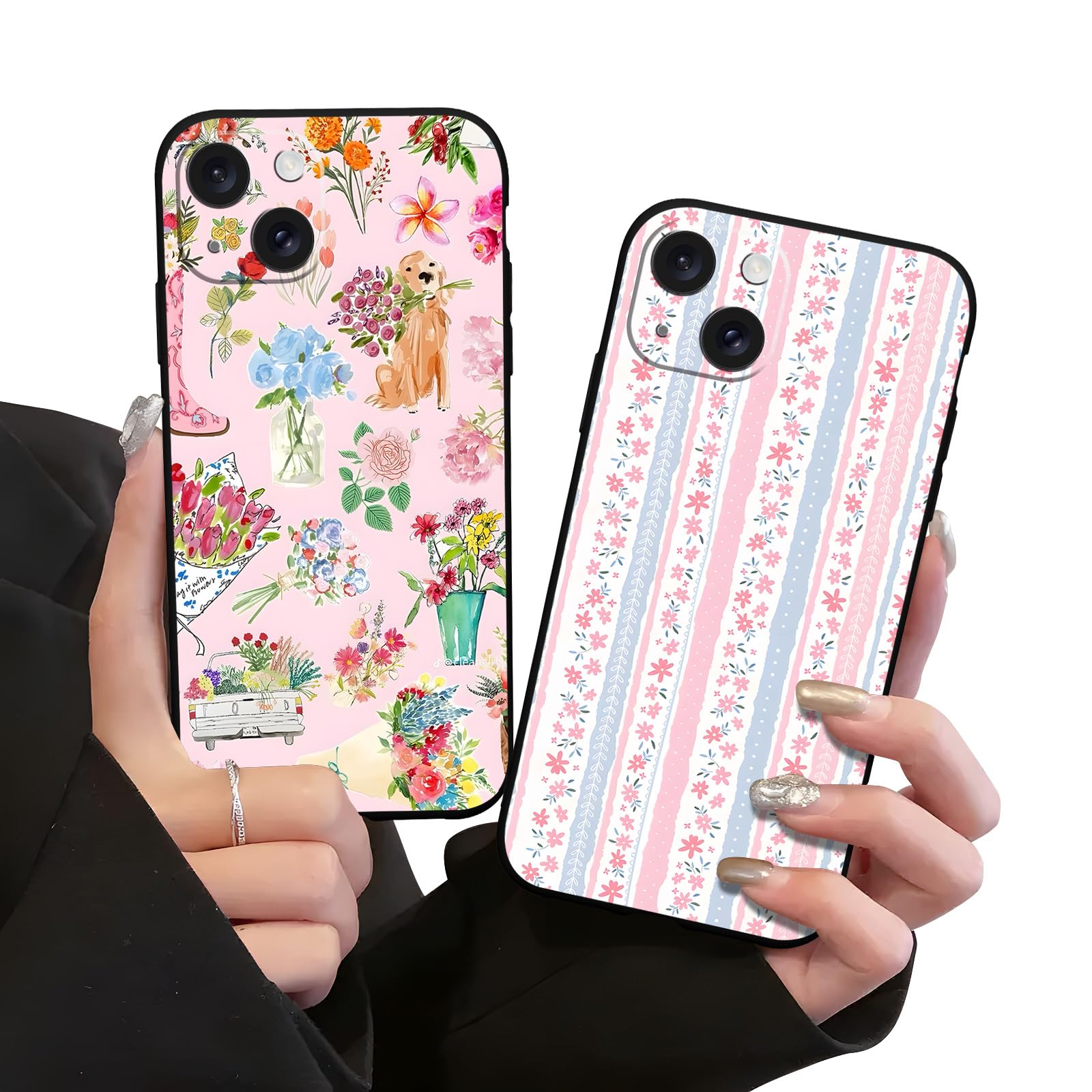 Zrutru 2 Pack Pink Flower Phone Cases for iPhone 15 Trendy Aesthetic Floral Pattern Funda for Girls Women,Fashion Soft Girly Slim TPU for iPhone 15 6.1 Inch