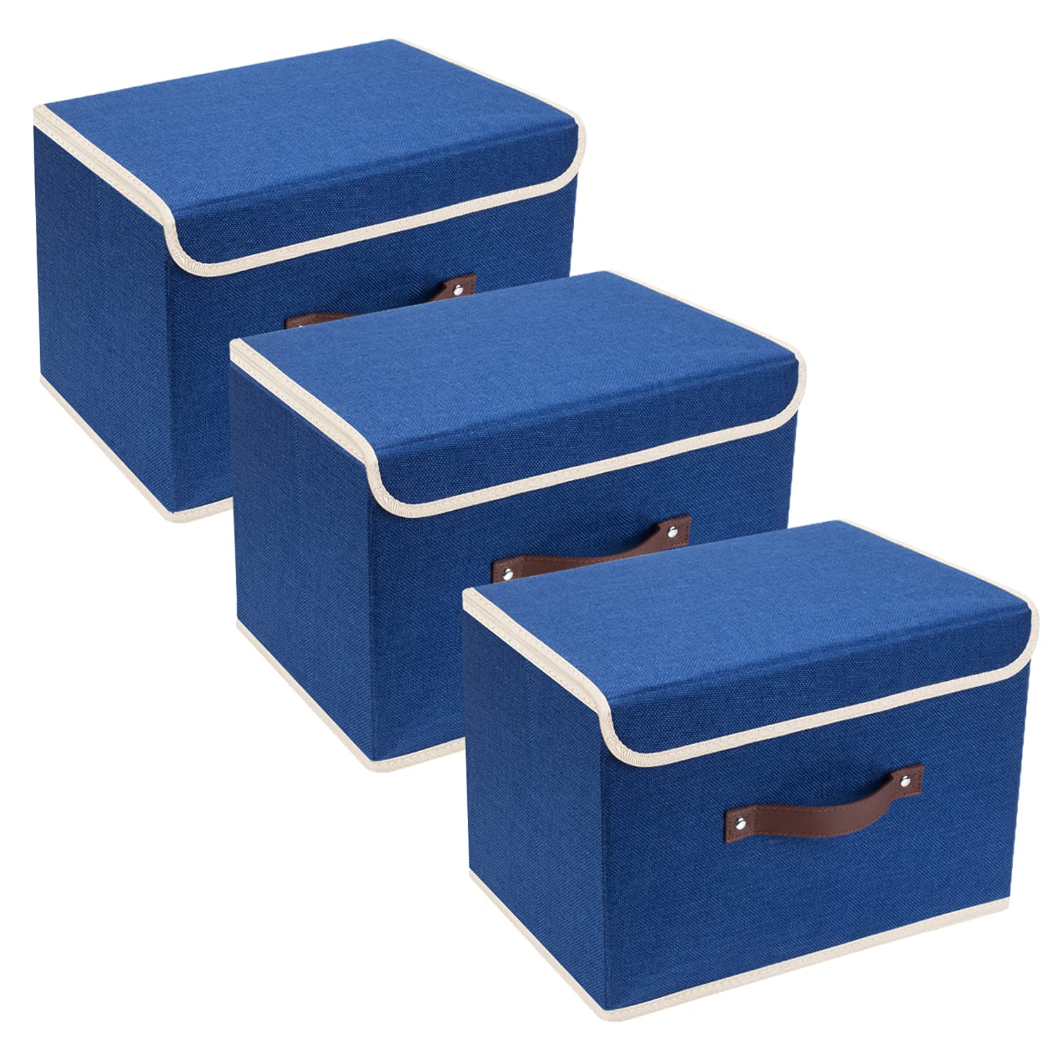 TYEERS Collapsible Storage Box with Lid, Fabric Storage Box for Clothes, Wardrobe Storage, 38x25x25 cm, Set of 3, Classic Blue
