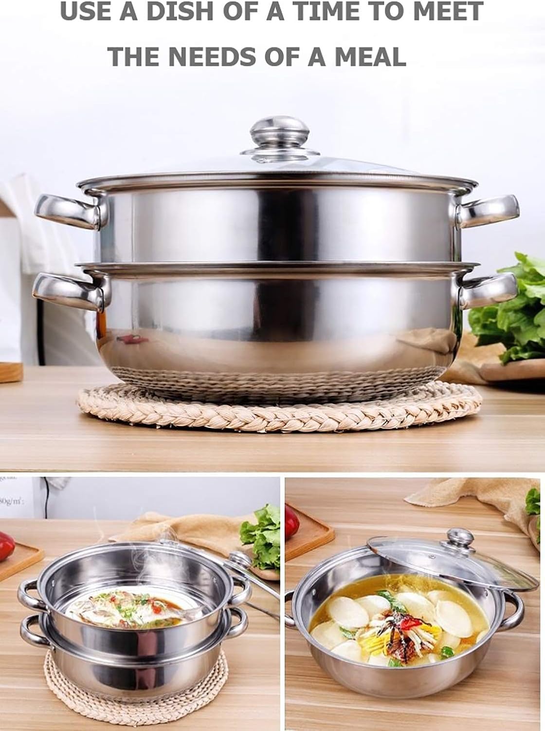 Steamer Pot Stainless Steel 2 Tier - 28cm Steamer Pot w/Glass Lid Food Veg Cooker Pot Cooking Pan Steaming Pot Dim Sum Cookware Steamer For Kitcken Cooking Tool: Kitchen & Dining