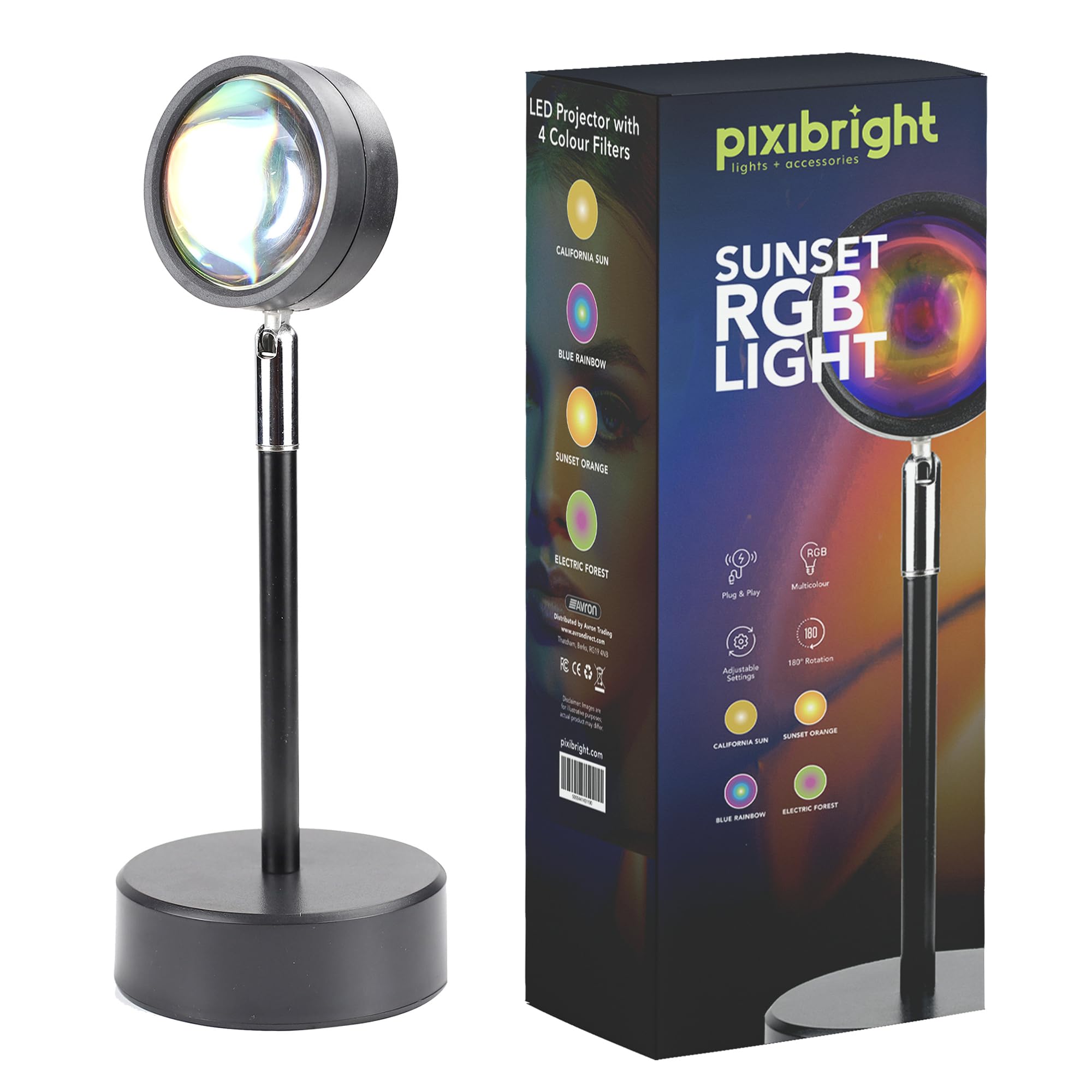 Pixibright Sunset RGB Light | Sunset Projector LED with Adjustable Arm Stand, 1.5m USB Cable | 4 Color Filters for Stunning Ambiance | RGB LED Light with 4 Vivid Colors for Home, Parties & Photography