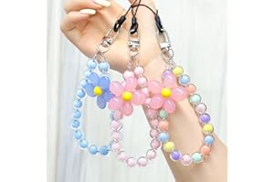 TINKRSTUFF 3 PCS Cute Detachable Phone Charms Aesthetic Y2K Cellphone Wrist Strap Pink & Blue Bedazzling Flower Accessories Colorful Beaded Anti-Theft Chain String for Bag Keychain Airpods Camera Decor