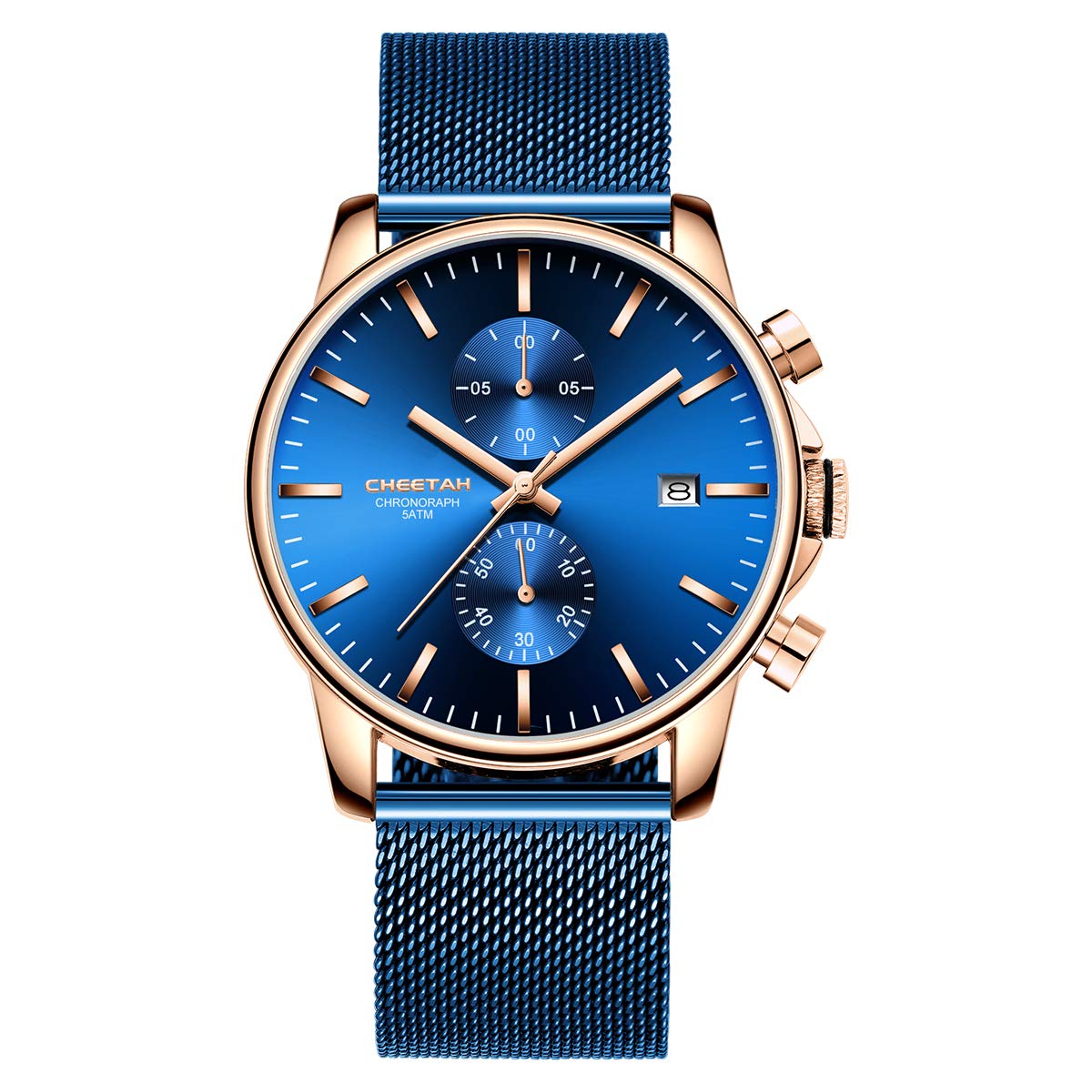 Men's Watches Fashion Sport Quartz Analog Blue Mesh Stainless Steel Waterproof Chronograph Wrist Watch, Auto Date (Rose Gold Blue) — image 1