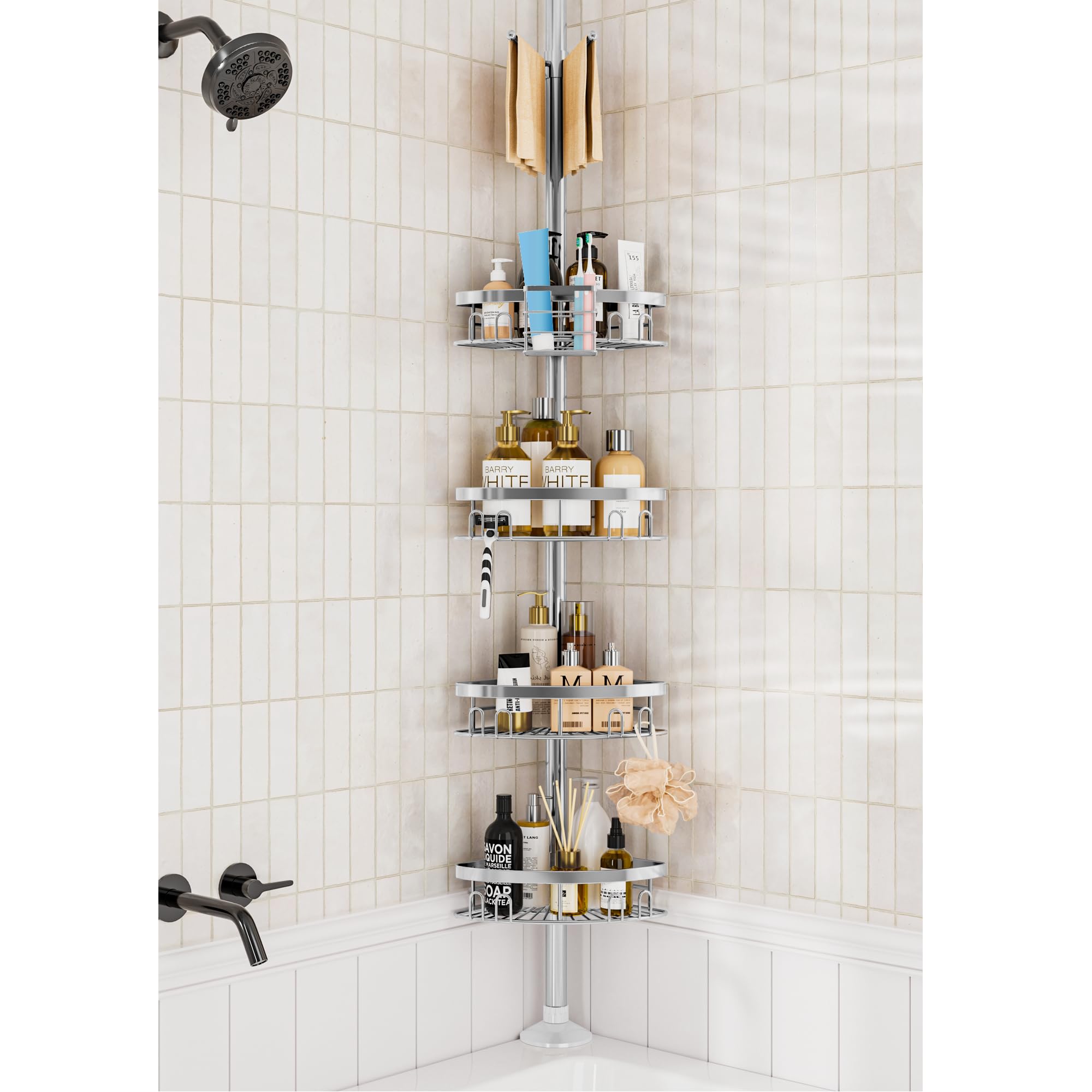 Photo 1 of Rustproof Shower Corner Caddy Shelf for Bathroom Tension Pole Organizer with 4 Baskets for Bathtub Shampoo Storage from 23.6 to 114.5 Inch with Towel Bar (Silver)