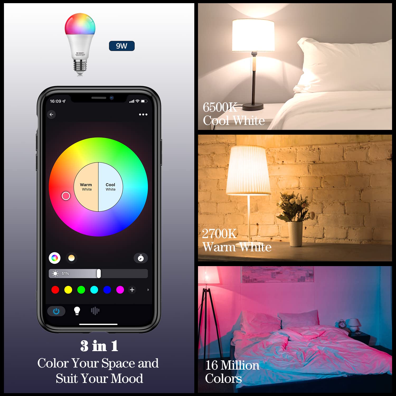 Magic Hue Smart Light Bulb WiFi & Bluetooth Connect, RGBCW Color Changing Dimmable LED Bulbs A19 E26 9W (80W Equivalent) Works with Alexa, Google Home, Siri Shortcut, No Hub Required, 1 Pack