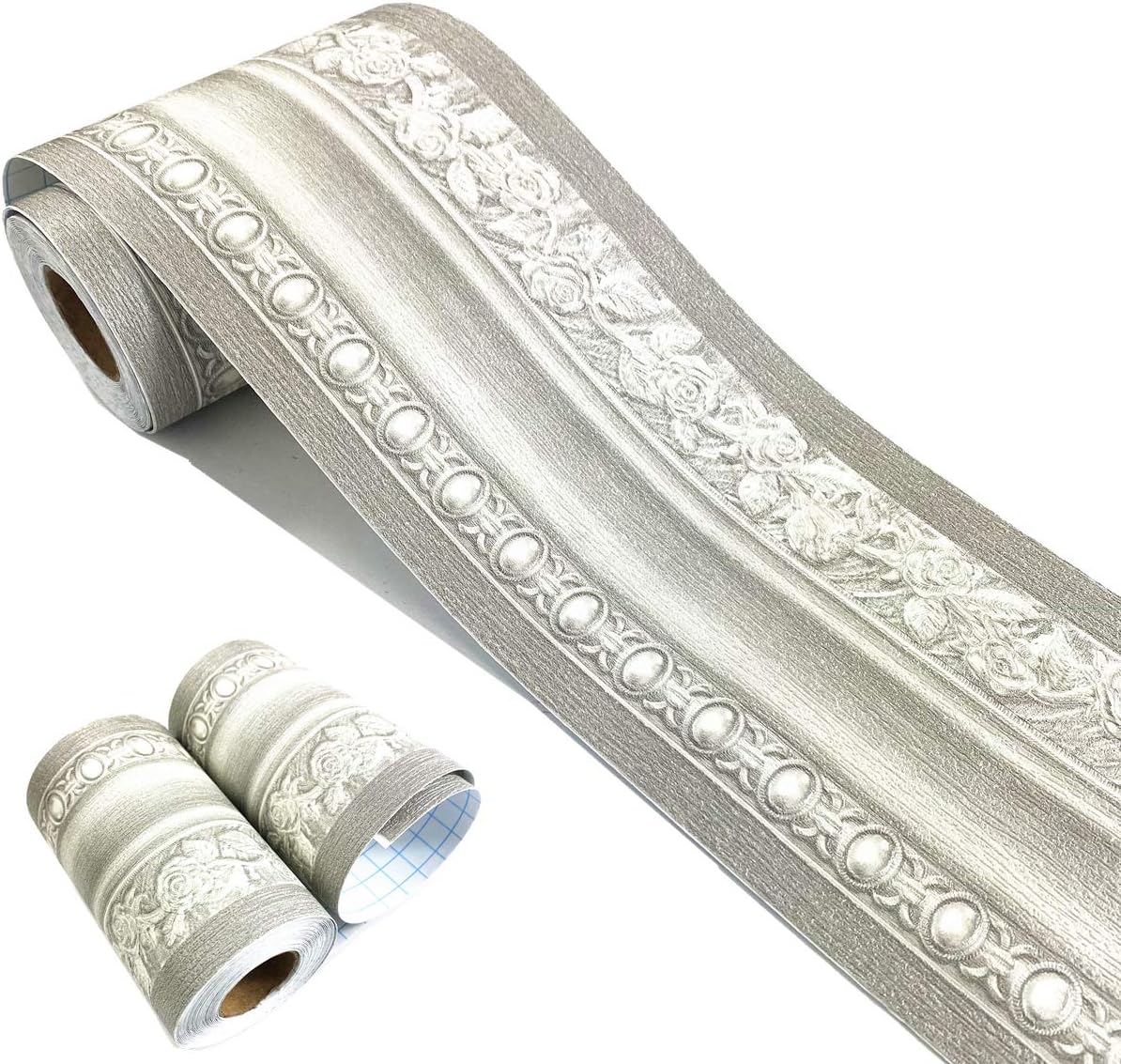 Mesoar 3D Grey Floral Wallpaper Border Wall Peel Stick Molding Border Home Ceiling Sticker for Bathroom Living Room Kitchen Wall 10cm by 16.4ft - Image 3