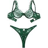 Foxiny Sexy Scallop Floral Lace Mesh Sheer Underwire Lingerie Set 2 Piece