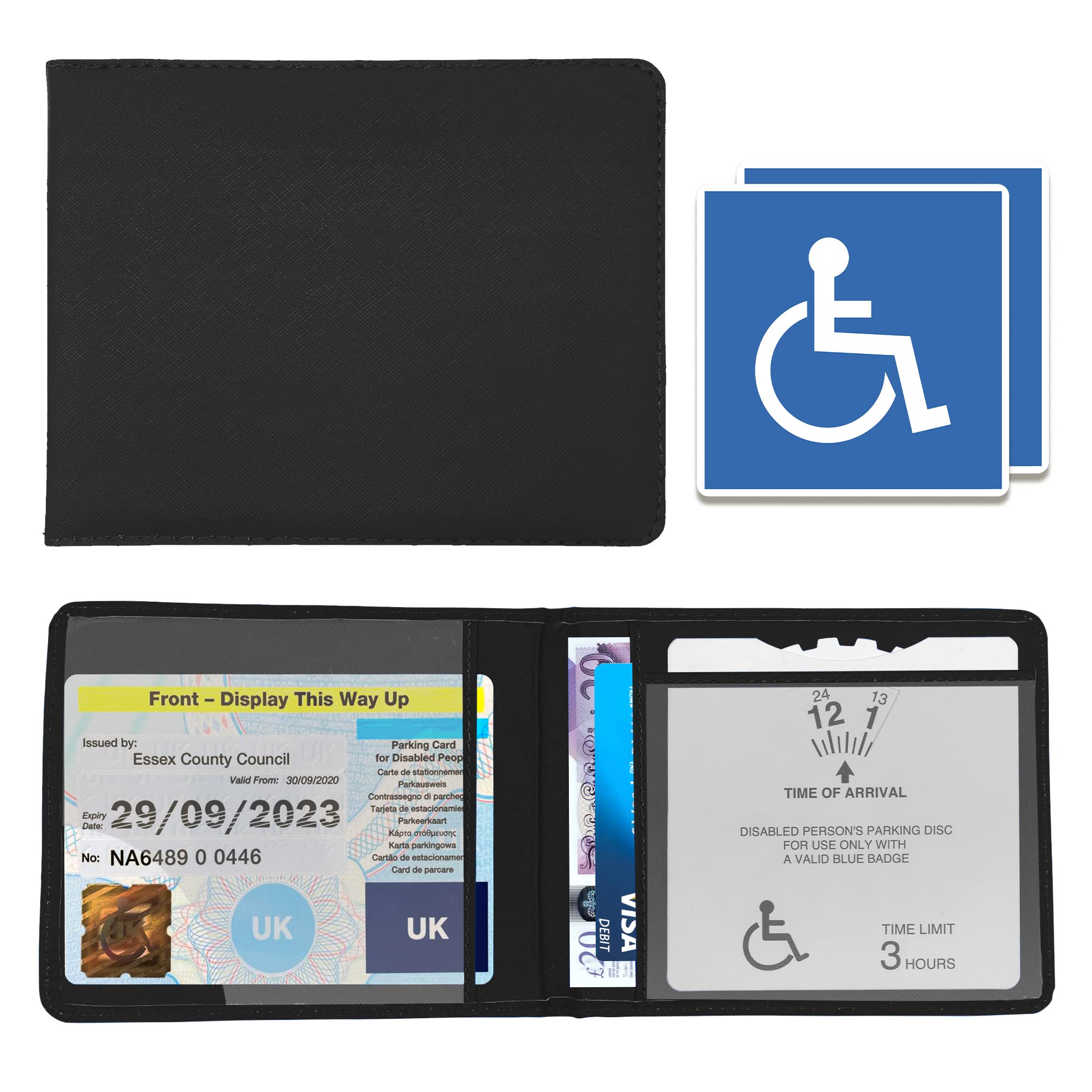 Disabled Blue Badge Holder Wallet for Car - PU Leather Protector Disability Parking Permit Discreet Cover Hologram Safe with 2X Disabled Stickers Included (Black)