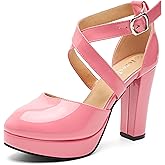 fereshte Women's Platform Pumps, Crisscross Ankle Strap, Chunky Block Heel, Closed Toe, 3.94 Inch High Heeled Dress Shoes