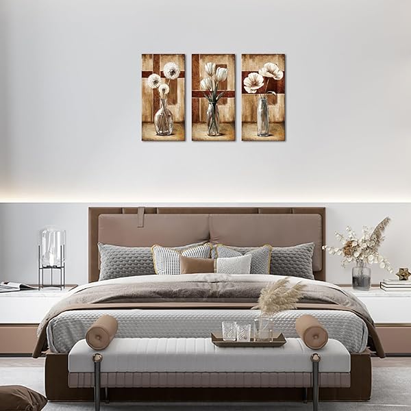 ARTMYHARBOR BROWN AND RED FLORAL WALL ART DANDELION BEDROOM DECOR WHITE TULIP PICTURE 12 X 24 INCHES