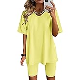 AGSEEM Two Piece Outfits For Women Summer V Neck T-Shirt Tops Biker Shorts Workout Sports Tracksuit