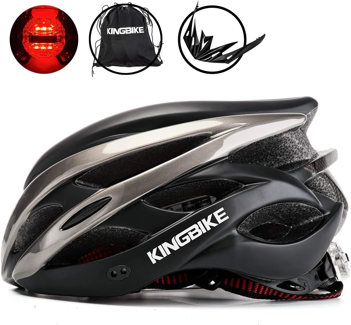 KINGBIKE Ultralight Bike Helmets CPSC&CE Certified with Rear Light + Portable Simple Backpack + Detachable Visor for Men Women(M/L,L/XL)