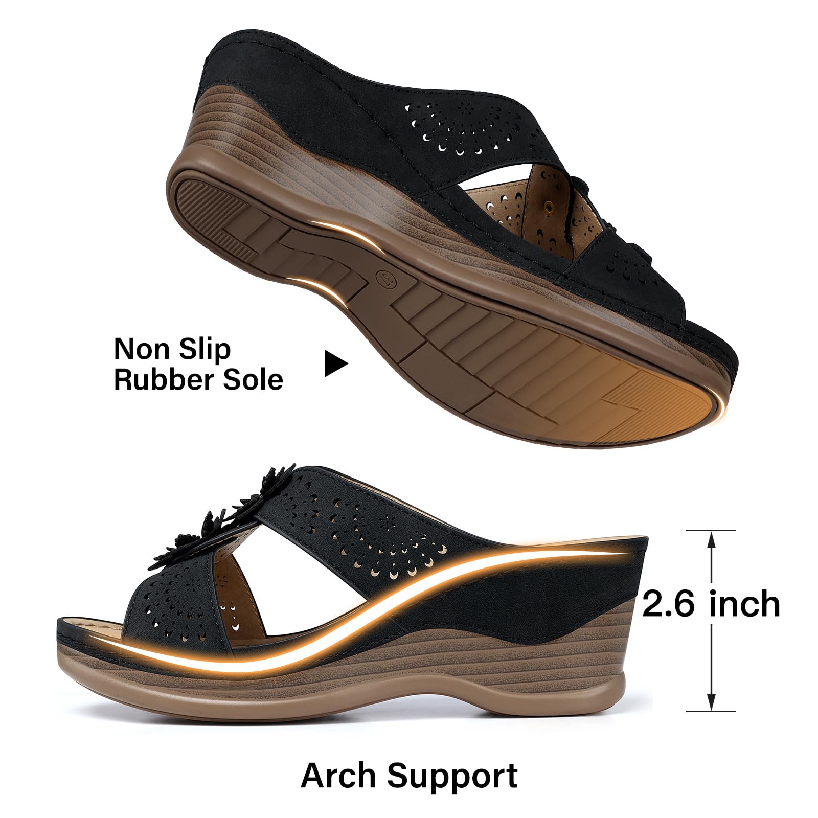 TEMOFON Womens Wedge Sandals Leather: Dressy Sandal, Rubber Sole, Comfortable Walking, Casual Slip on Summer Shoes, Size 5-11