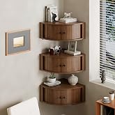 tauxkoi Corner Shelves Wall Cabinet Set of 3, Floating Corner Shelf Organizer with Sliding Doors, Fluted Wall Cabinet for Living Room, Bedroom, Office, Small Space, Walnut (Curved, 15.74&ldquo;)