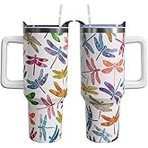 Heqianco 40 oz Dragonfly Tumbler with Handle and Straw Dragonfly Gifts for Women Insulated Stainless Steel Coffee Cups with Straw and Lid Travel Mug Leak Proof Water Bottle
