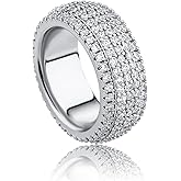 JINAO 9mm 5Rows 14K Gold Plated Iced Out Lab Simulated Diamond Cubic Zirconia Eternity Wedding Band Ring for Men Women