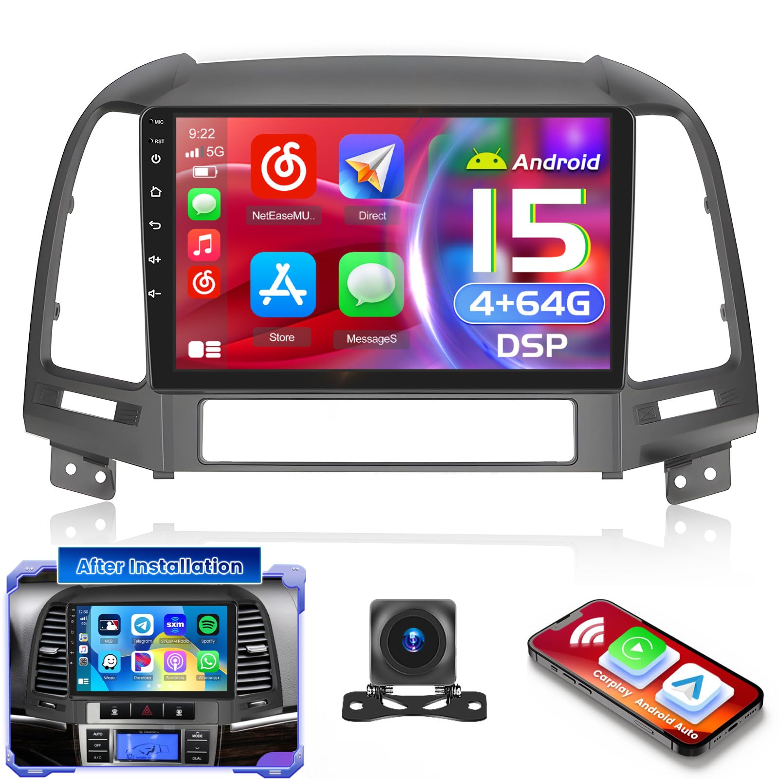 Photo 1 of [DSP 4+64G] for Hyundai Santa fe 2006-2012 Android 15 Car Stereo, Hikity 9'' Touchscreen Radio for Santa fe Wireless Carplay Android Auto, 1080P/5G WiFi/Bluetooth/FM/RDS SWC Mirror Link+Backup Cam