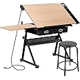 ZENY Adjustable Drafting Table with Stool, Tilting Drawing Desk Artist Table with Storage Drawers, Art Craft Workstation for Home Office Reading, Writing, Crafting (Brown-with Outlet)