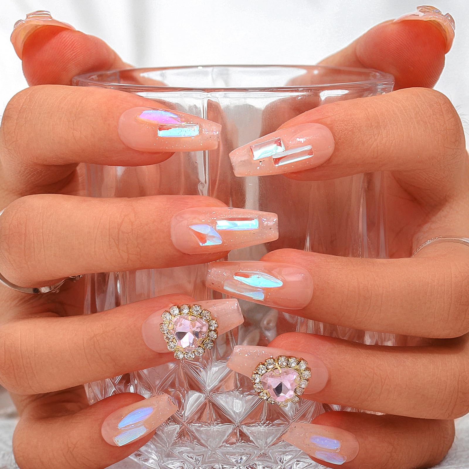 Sethexy Handmade Long Coffin False Nails Aurora Gradient Fake Nails Rhinestone Glitter Glossy Press On Nails Crystal Acrylic Sparkle Salon Quality Nail Art Removable for Women and Girls (A)