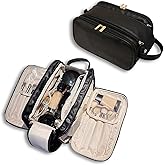 SUBAOQI Travel Toiletry Bag for Women Men, Large Travel Toiletry Organizer Makeup Bag, Hanging Cosmetic Bag dopp kit Leather skin care Waterproof Shaving Bag for Toiletries Accessories (black)