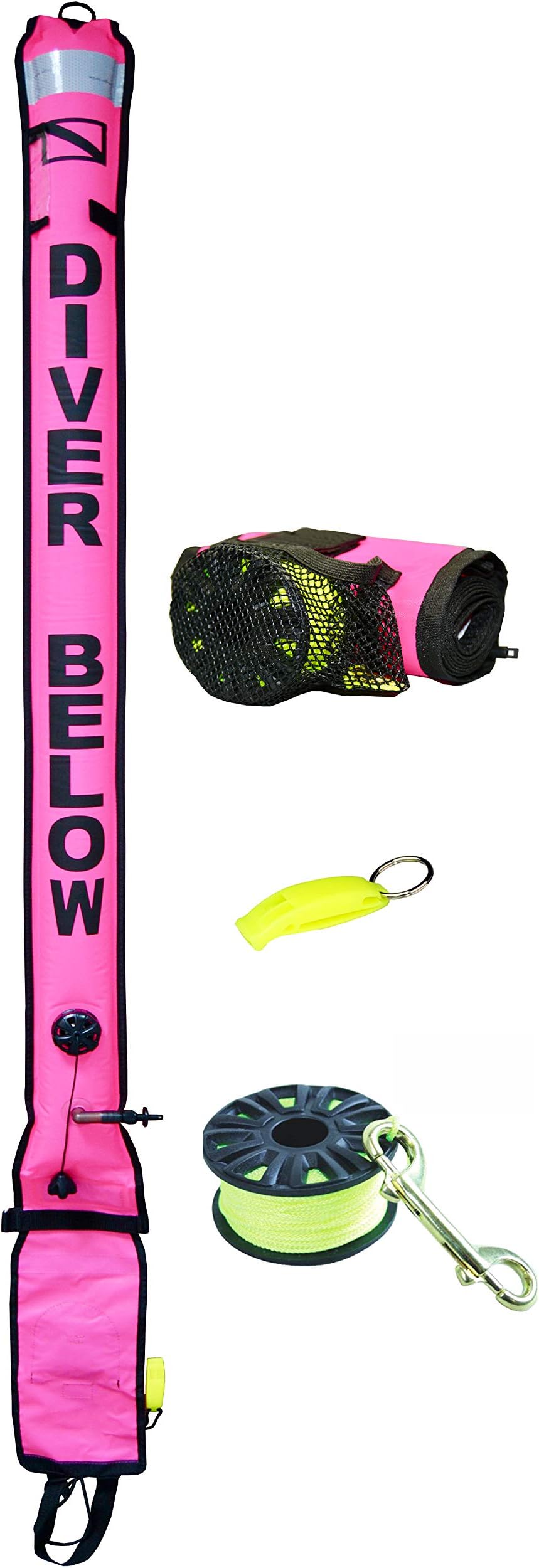 DiveSmart 6ft Scuba Diving Open Bottom Surface Marker Buoy (SMB) with High Visibility Reflective Band, Strobe Light or Flashlight Holder Includes 100ft Finger Spool ABS Dive Reel and Attached Whistle