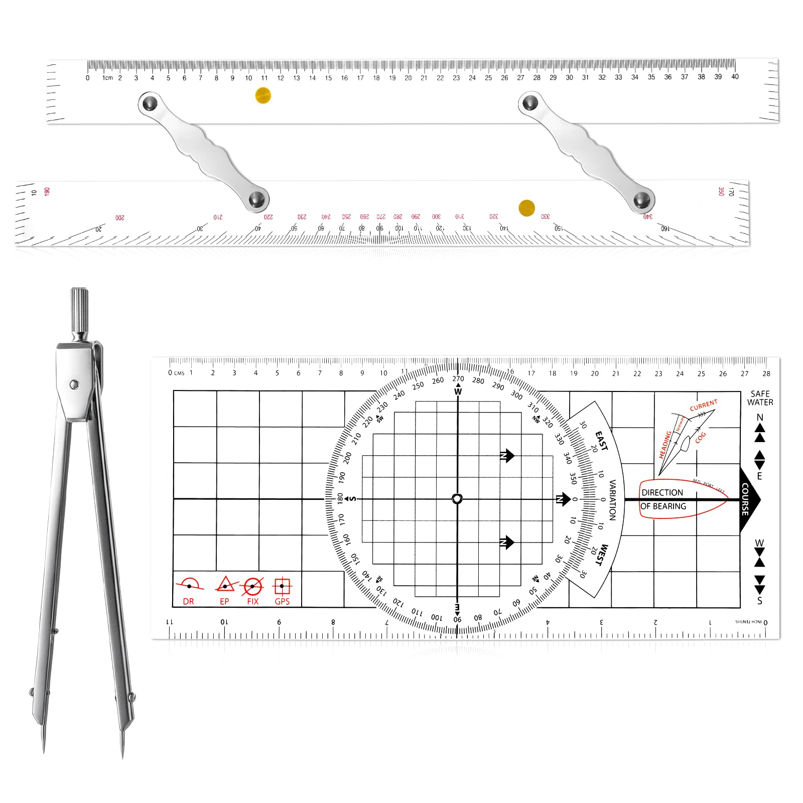 Photo 1 of 3 Pcs Basic Navigation Set, Include 16 Inch Parallel Ruler with Brass Arms Nautical Protractor Navigation Divider with Clear Scales, 6 Inch Marine Fixed Points Divider for Boat