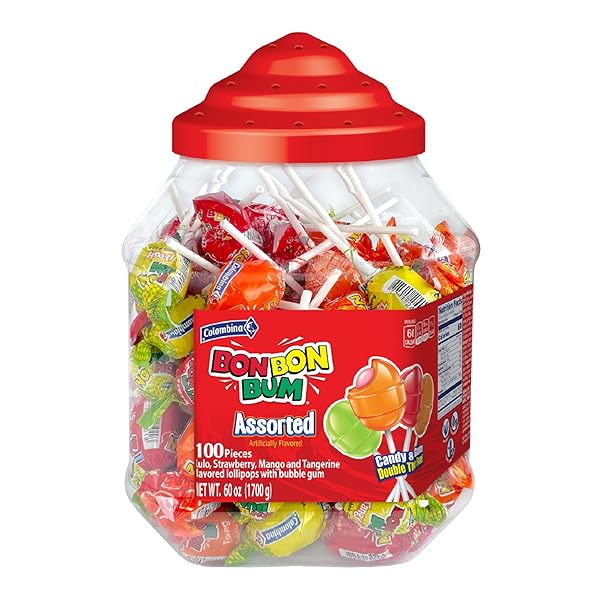COLOMBINA BON BON BUM LOLLIPOPS ASSORTED FLAVOR, 100 COUNT (1 JAR)