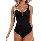 BMJL Women's Tummy Control Swimsuits Ruched Slimming One Piece Bathing Suit Deep V Neck Swimsuit