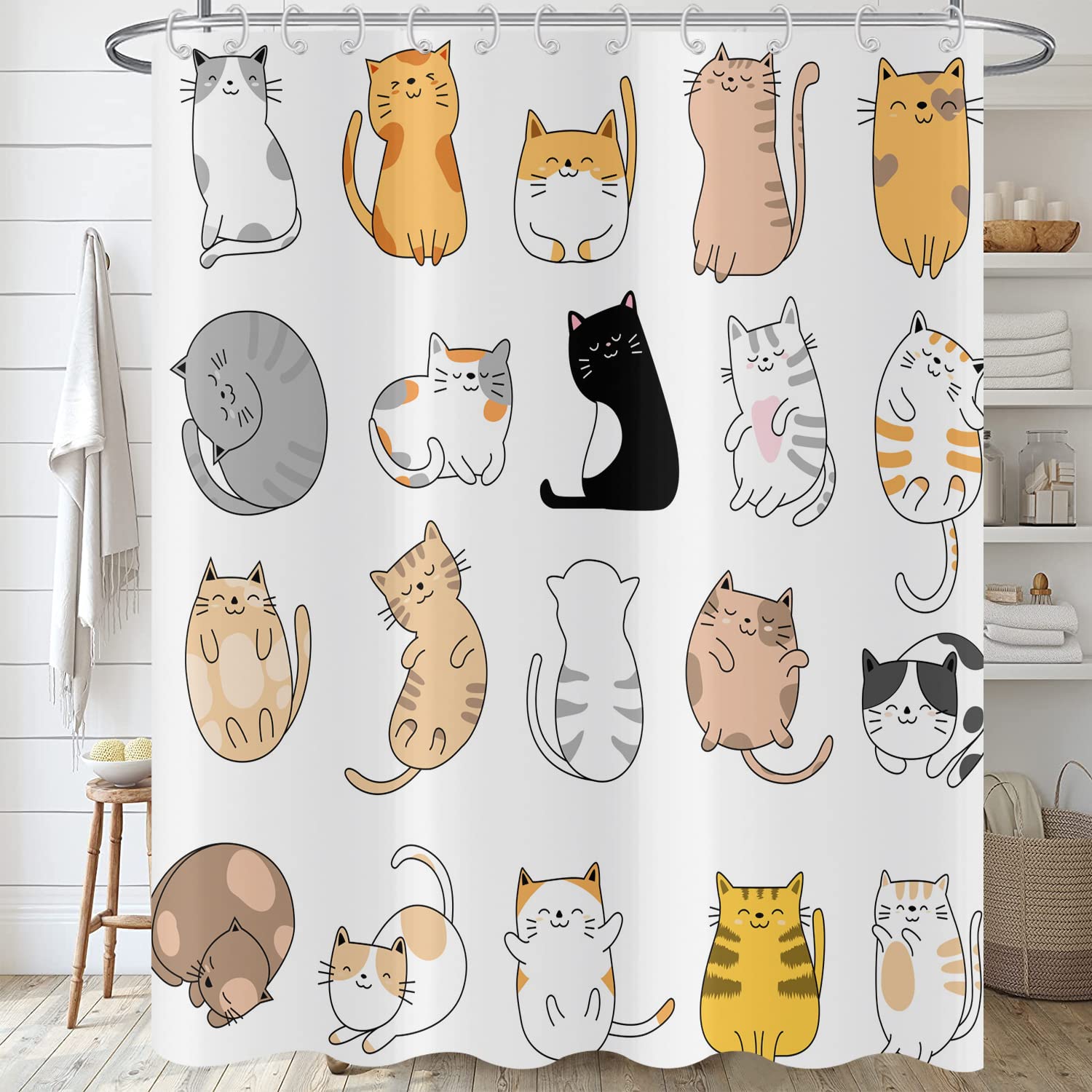 Hnmdmyi Cat Shower Curtain 180x180, Funny Cartoon Animal Kitten Colorful Lovely Pets Kids Boys Girls Bathroom Curtains with Hooks Waterproof Polyester Fabric Washable Bath Curtains for Wet Room