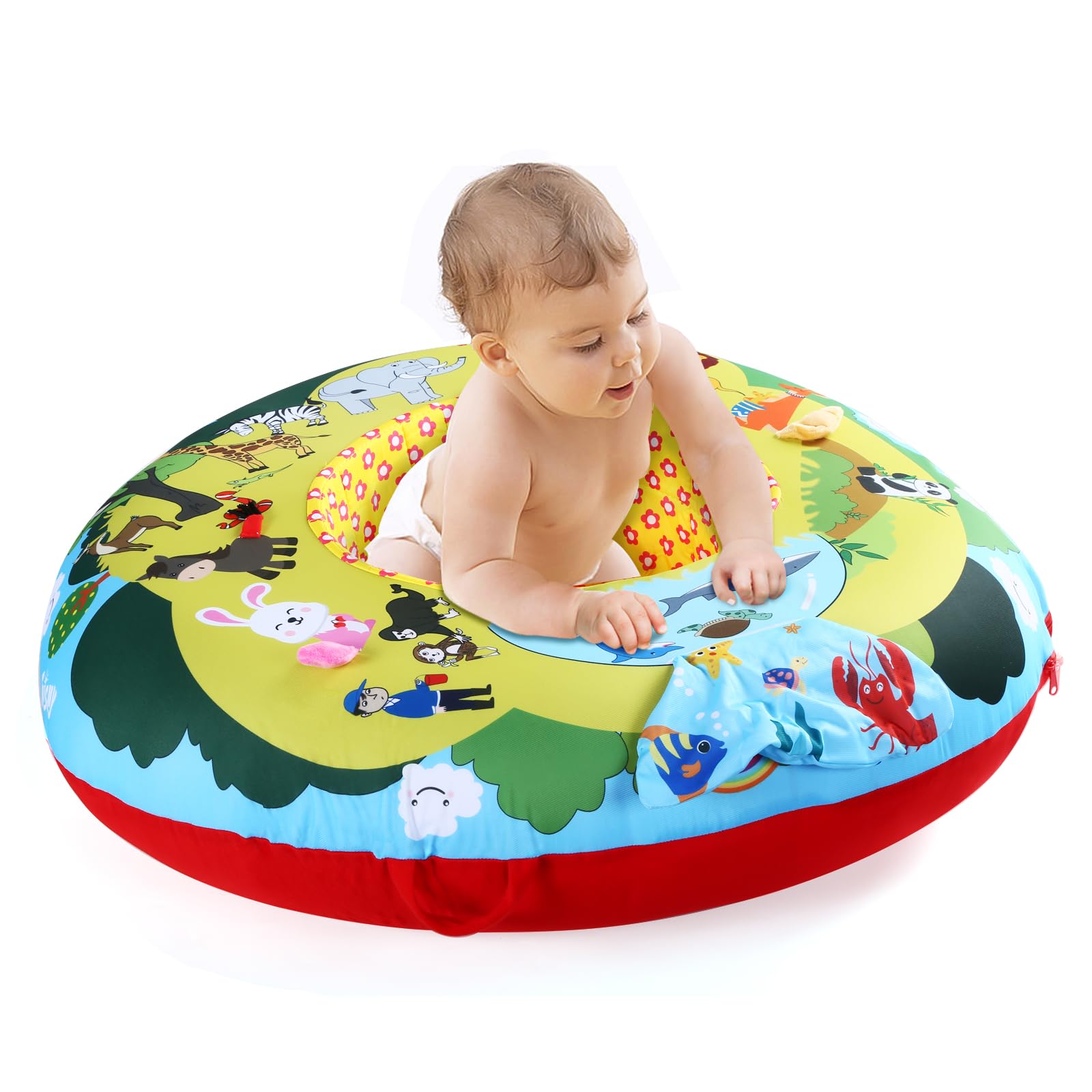Cemirk Inflatable Baby Play Mat - Zoo Theme, Sit Me Up Seat, and Interactive Baby Activity Center - Ages 0 Months and Up