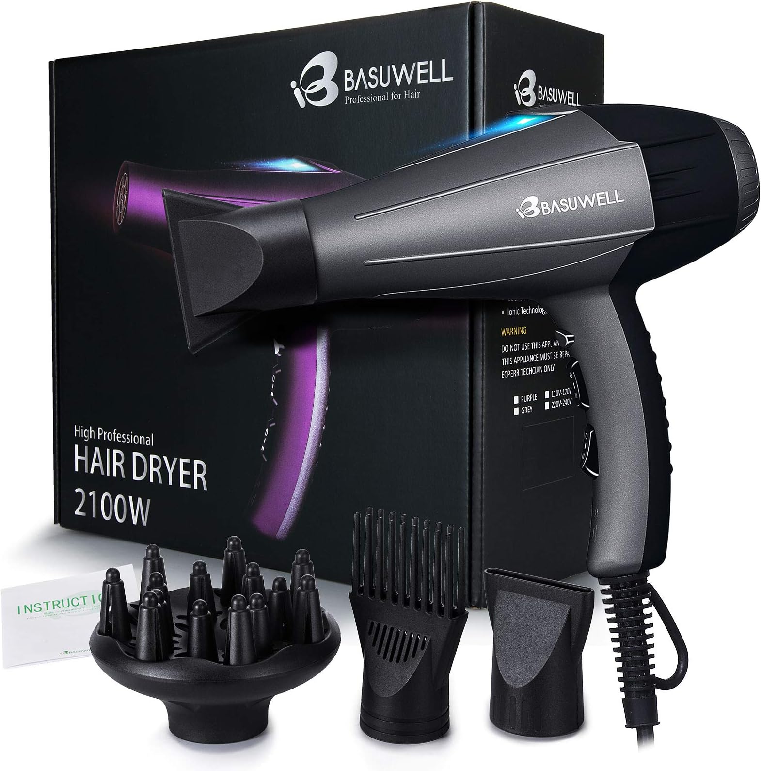 2100 Watt Powerful Professional Hair Dryer, Negative Ionic Ceramic & Far Infrared Heat Hairdryer , Low Noise Blow Dryer with Diffuser & Comb Attachments - Grey