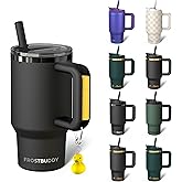 Frost Buddy Thicc Buddy - 16 oz Stainless Steel Vacuum Insulated Tumbler with Lid and Straw for Water - Travel Mug Cupholder Friendly - Gifts for Women Men Him Her (Black)
