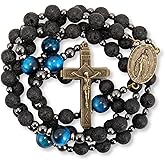 Lava Stone Black Rosary Beads for Men, Catholic Rosary Necklace with Saint Medal & Cross, Blue Tiger Eye Beads Strong Rosary Cross Necklace in Portable Gift Box